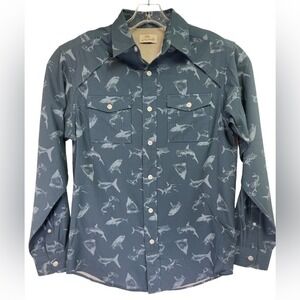 Bob Timberlake Mens Sz Small Blue Shark Pattern Vented Fishing Shirt (K18) NW/OT